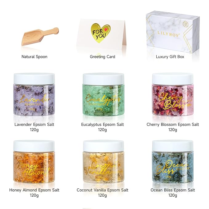 Gifts for Women & Men - 9-Piece Floral Epsom Salt Gift Set for Women with 6 x 120g Epsom Salt, Bath and Body Gift Set in Elegant Box | Christmas, Mothers Day, Valentines Day, Birthday Gifts