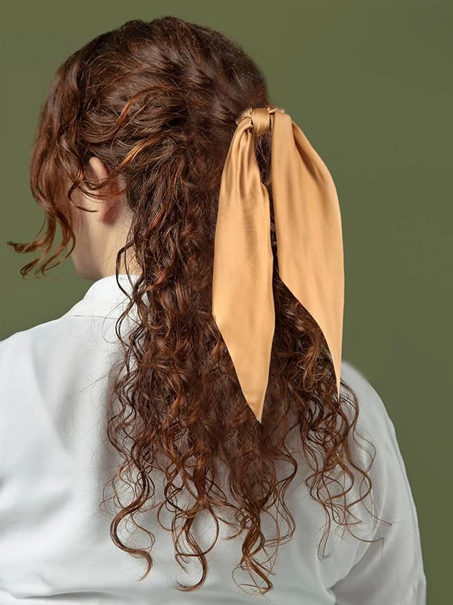 LFOUVRE 3PCS Hair Scarf Scruncheis for Women Knotted Bow Hair Ties Elastic Bands Satin Hair Ribbon Scrunchy Red Ponytail Holder for Women and Girls (Camel Apricot Ivory)