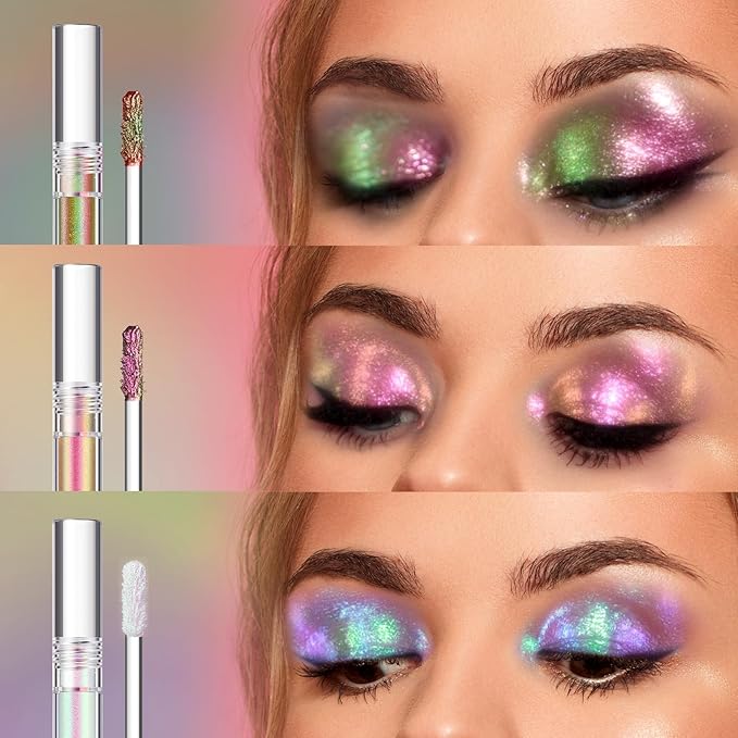 Metallic Liquid Chameleon Eyeshadow, Multi-Dimensional Eye Looks, Long-lasting Holographic Glitter Multichrome Eyeshadows Makeup (#002+006+013)