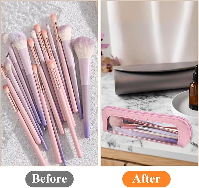 Psyqtsuary Small Clear Makeup Bag, PU Leather Travel Makeup Brush Bag Portable Transparent Waterproof Cosmetic Organizer Pouch with Zipper for Women Home Travel Office Cosmetic Storage (Pink)