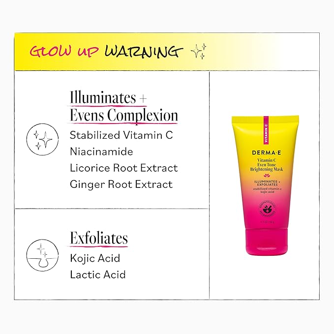 Derma E Vitamin C Even Tone Brightening Mask, 1.7 Fl Oz, Exfoliating Face Mask with Niacinamide, Kojic Acid & Ginger Root Extract, Helps Visibly Even Tone & Brighten Dull Skin for Radiant Glow