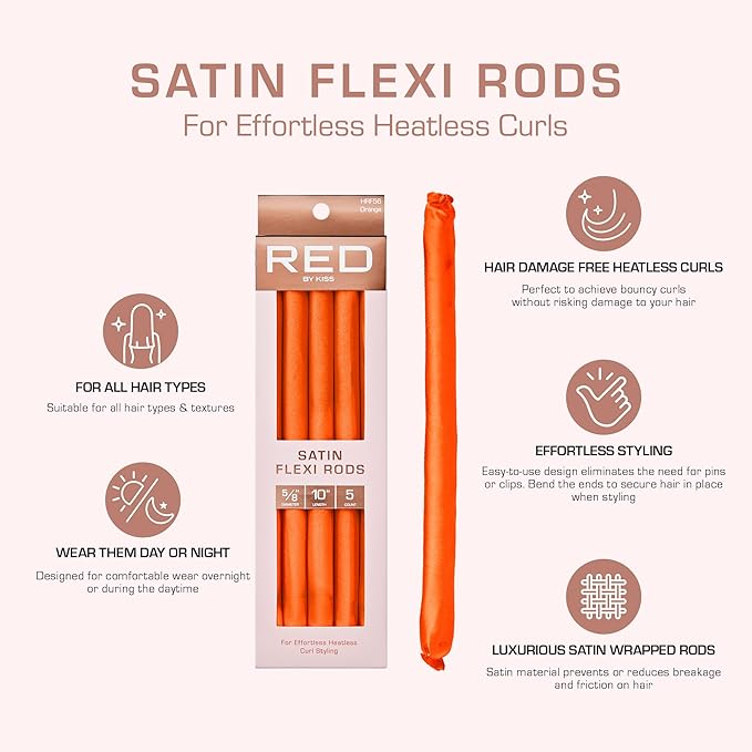 Red by Kiss Satin Flexi Heatless Curling Rods, Damage Free & Frizz Free No Heat Soft Curls, Silky Satin to Prevent Breakage, Comfortable Pin-Free Styling, Gentle Rollers for All Hair Types
