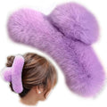 YOYLMAL Large Faux Fur Hair Claw Clip for Women, 5.1 Inches Winter Fluffy Fuzzy Hair Clips, Nonslip Strong Hold Furry Big Jaw Clamp for Thick Long Hair (Purple)