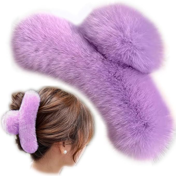 YOYLMAL Large Faux Fur Hair Claw Clip for Women, 5.1 Inches Winter Fluffy Fuzzy Hair Clips, Nonslip Strong Hold Furry Big Jaw Clamp for Thick Long Hair (Purple)