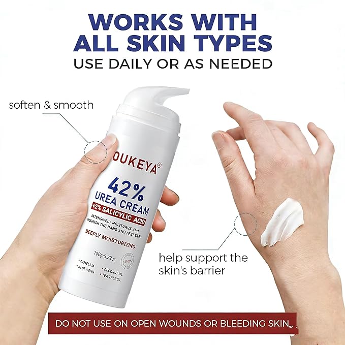 OUKEYA Urea Cream 42% with 2% Salicylic Acid, Urea Foot Cream for Dry, Rough Skin – Moisturiser for Feet, Heels, Hands & Elbows, 5.29 Oz