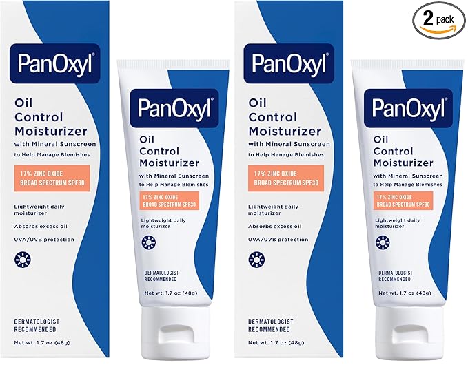 PanOxyl AM Oil Control Moisturizer, NEW Sheer Formula, Absorbs Excess Oil and Reduces Shine, with Mineral Sunscreen for Acne Prone and Oily Skin - SPF 30-1.7 oz (Pack of 2)