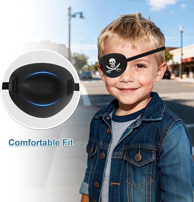 2PCS 3D Pirate Eye Patch for Kids, Soft Medical Eye Patches, Adjustable Amblyopia Lazy Eye Patches for Left or Right Eyes(Black)