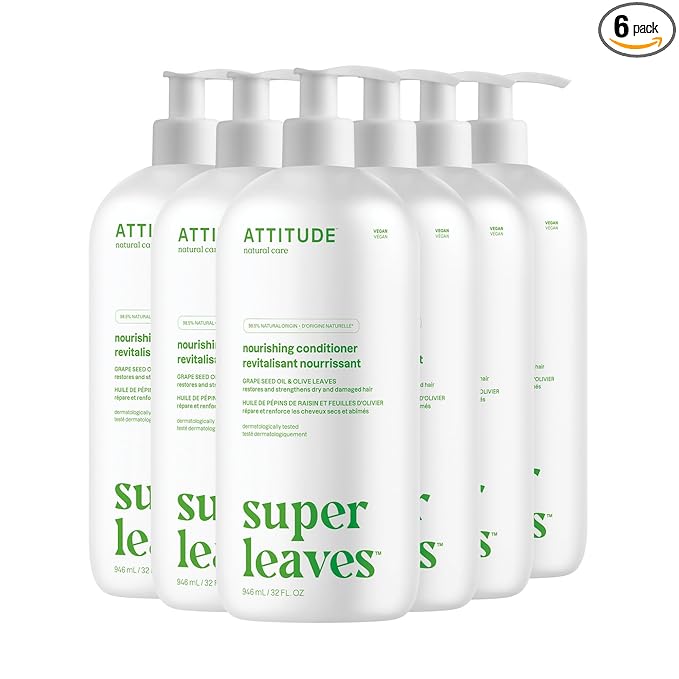 ATTITUDE Nourishing Hair Conditioner, For Dry and Damaged Hair, Naturally Derived Ingredients, Vegan Detangler, Dermatologically Tested, Grapeseed Oil and Olive Leaves, 32 Fl Oz (Pack of 6)