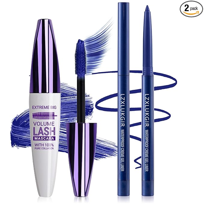 Blue Mascara and Eyeliner Set,Natural Curling Blue Mascara for Eyelashes,Volumizing Lengthening máscara de pestañas Waterproof,5D Colored Eye Makeup