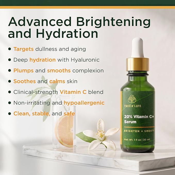 Tree of Life 20% Vitamin C+ Serum For Face with Vitamin E - Brightening & Hydrating Face Serum for Dark Spots, Fine Lines & Anti Aging - Dermatologist Tested, 1 Fl Oz