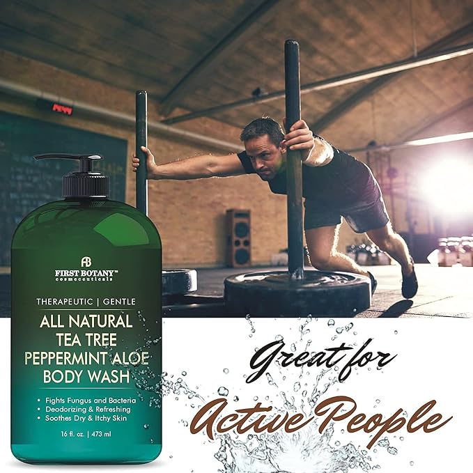 First Botany, All Natural Tea Tree Body Wash Fights Body Odor Athlete's Foot Jock Itch Nail Issues Dandruff Acne Eczema Yeast Infection Shower Gel Eucalyptus & Peppermint Aloe Skin Cleanser 16 X 2 fl