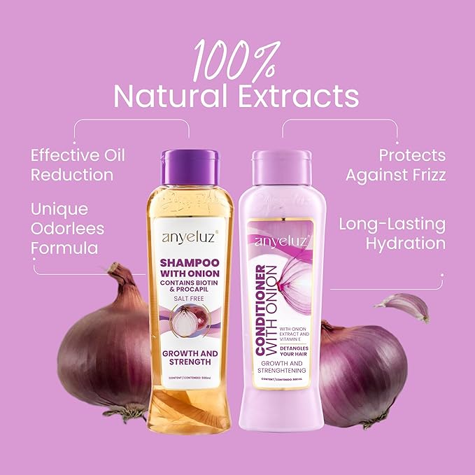 Anyeluz Onion Shampoo and Conditioner for Hair Growth with Biotin, Salt and Paraben Free Hair Care Duo with Keratin and Botanical Extracts for Stronger Softer Hair