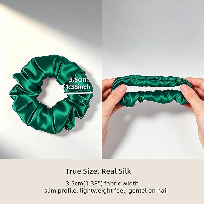 ZLYC 100% Mulberry Silk Scrunchie 19 Momme Gentle Creaseless Hair Tie for Women Dent-Free Ponytail Holder, 3.5cm Solid Dark Green