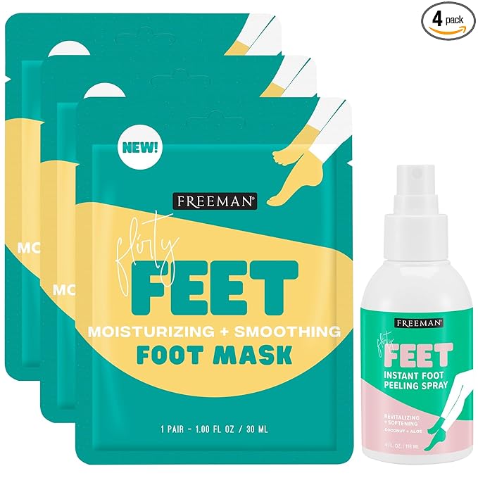 Freeman Flirty Feet Foot Care Set – Instant Peeling Spray for Dry, Cracked Feet + Moisturizing Foot Mask Socks 3-Pack (4 Piece Set)