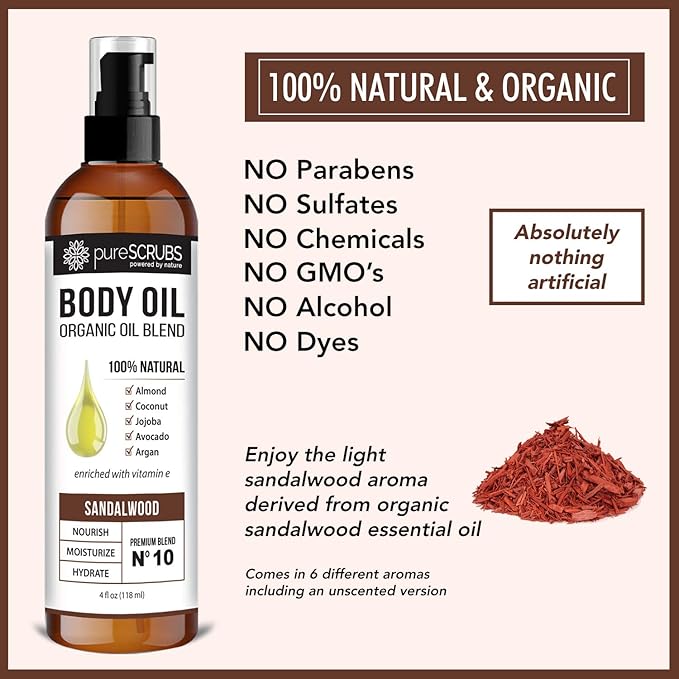 pureSCRUBS Ultra Moisturizing Sandalwood Body Oil Spray for Dry Skin, Massage, Cuticles & More, Organic Blend of Jojoba, Argan, Coconut, Sweet Almond & Avocado Oils Enriched with Vitamin E, Lg 4oz