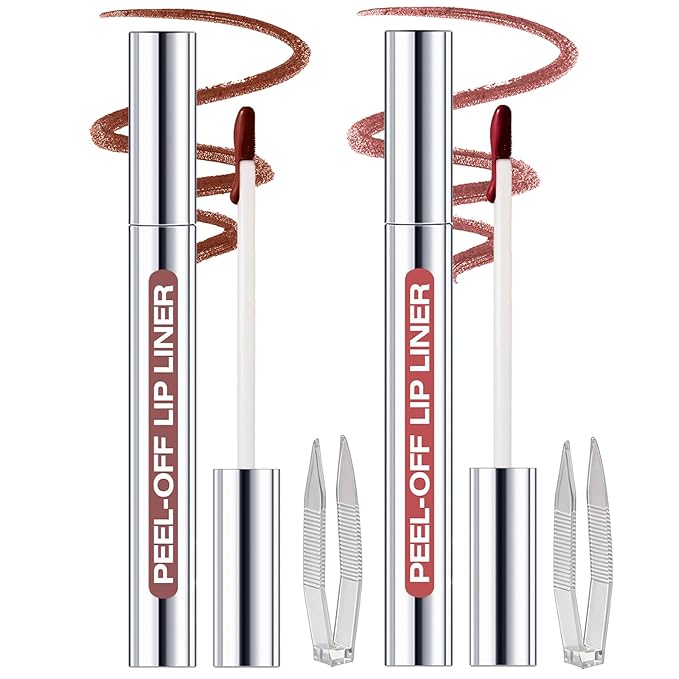 2 Colors Peel Off Lip Liner Stain Kit, Long Lasting Waterproof Matte Finish Lip Tint Stains Makeup Set for Women, Trend Colors, Easy to Use, for All Skin Types, Tweezer Include (#02, #03)
