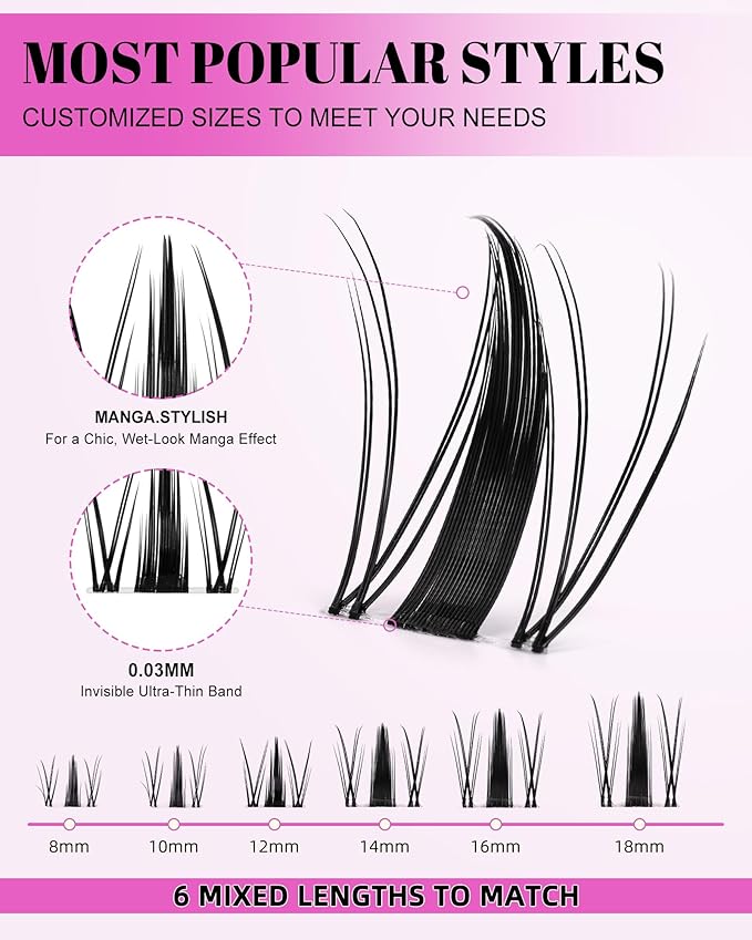 Fairy Lash Clusters Kit 8-18mm Manga Eyelashes Cluster Extension Kit Individual DIY Fake Lashes Extensions Wet-Look Spiky Anime Self Adhesive False Eyelashes, 0.03mm Ultra-Thin Invisible Band
