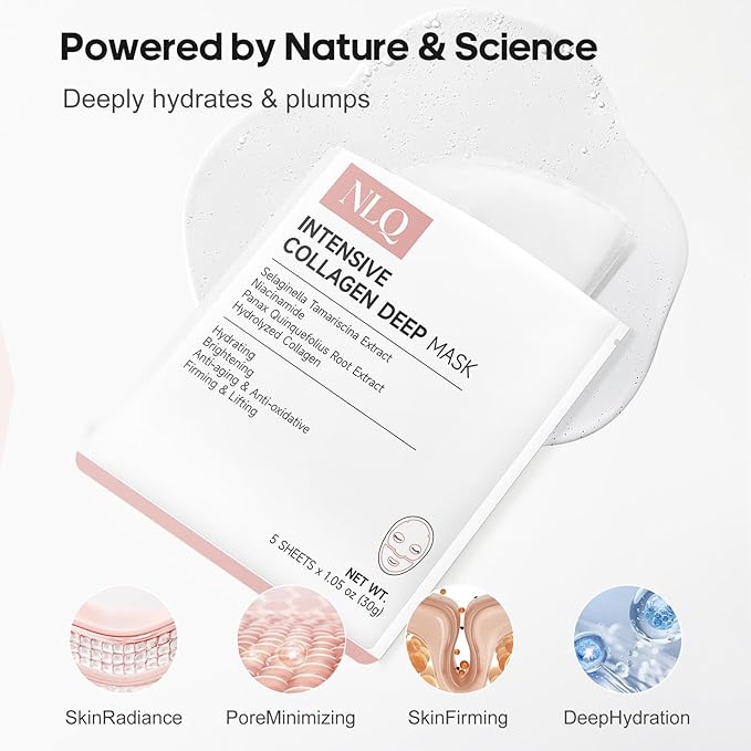NLQ Intensive Collagen Deep Mask Skincare, Hydrating Overnight Face Mask for Glass Skin, Pore Refining, Firming & Plumping, Travel Essentials and Beauty Care Gifts for Women | 1.05oz(30g) x 5ea