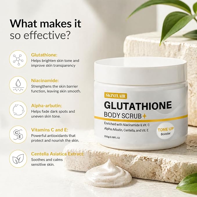 Glutathione Body Scrub with Rosehip & Sea Salt, Exfoliating & Hydrating Body Scrub, Gentle Moisturizing Skin Care for Smooth & Radiant Look, 250g