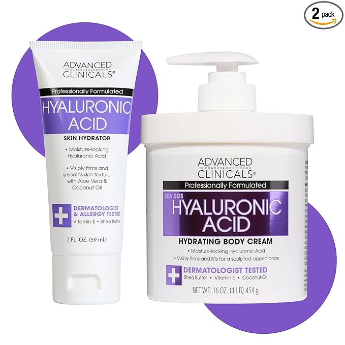 Advanced Clinicals Hyaluronic Acid Moisturizer Body Cream | Hydrating Cream & Body Lotion For Women & Men To Help Improve Look of Wrinkles, Stretch Marks, Dry Skin, & Crepey Skin, 16OZ + Travel Size
