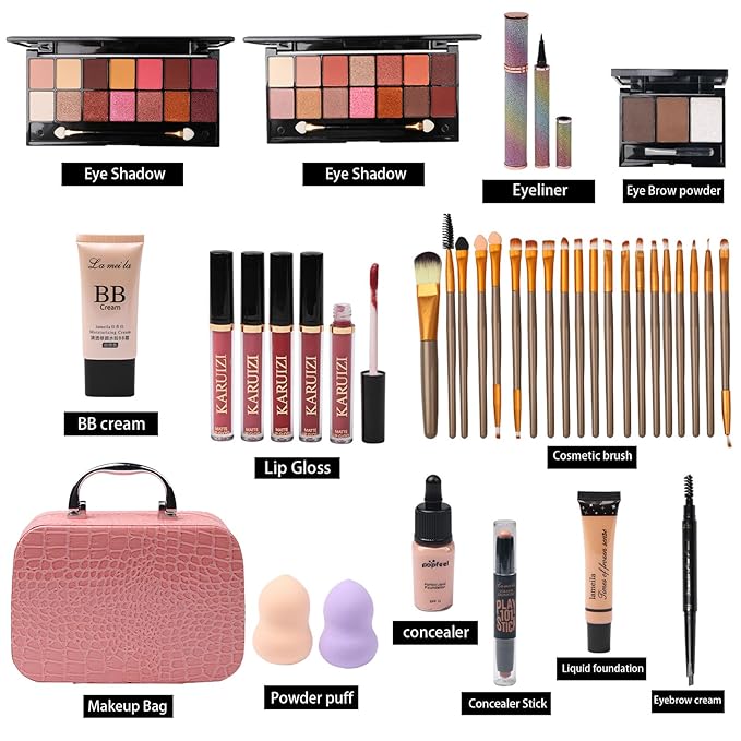 MTDXILTAI All in One Makeup Kit for Makeup storage bag 2X14 Colors Eyeshadow Palette Liquid Foundation Eyeliner Pencils Contouring Stick 20Pcs Make up Brushes For Women Girls Teens (Pink)