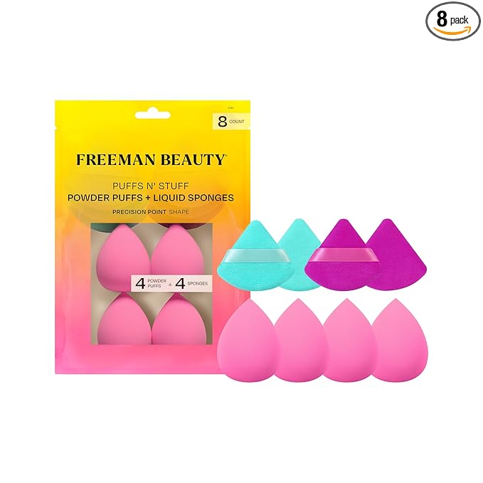 Freeman Puffs N' Stuff Powder Puffs + Liquid Sponges 8 Count Set, Makeup Blending Sponges For Liquid & Cream Foundation & Concealer, Triangle Powder Puff For Setting Powder, Vegan & Cruelty Free