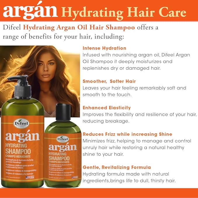 Difeel Argan Hydrating Shampoo 33.8 oz. - Natural Sulfate Free Argan Oil Shampoo for Hair