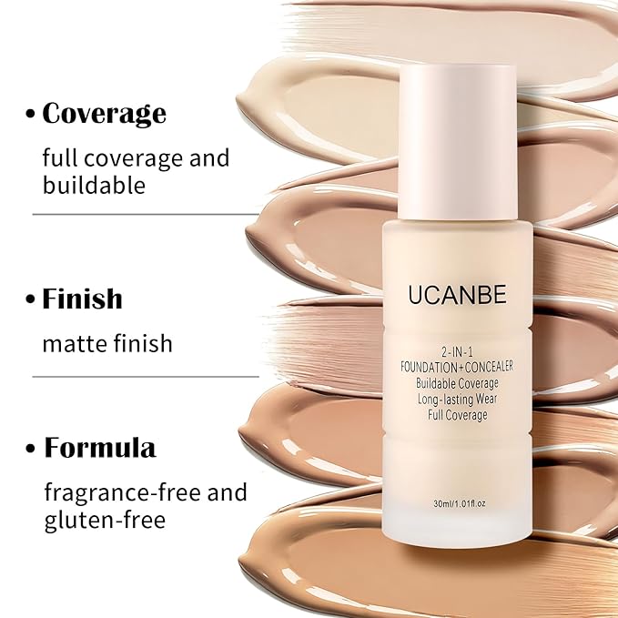 UCANBE 2-IN-1 Foundation + Concealer, Full Coverage Long-Lasting Matte Makeup for Normal, Combination and Oily Skin, Buildable Waterproof Formula with Hyaluronic Acid （02 Classic Ivory）