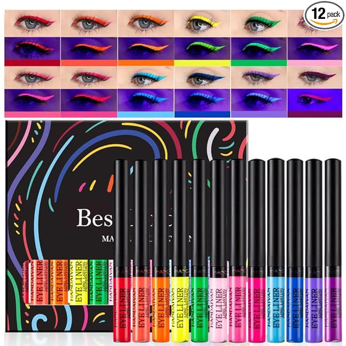 BestLand 12 Colors Matte Liquid Eyeliner Set Colorful UV Neon Eyeliner Pencil Pigmented Waterproof Smudgeproof Long Lasting Eye Liner Xmas Christmas Festival Makeup Gift Kit for Women (Set C)