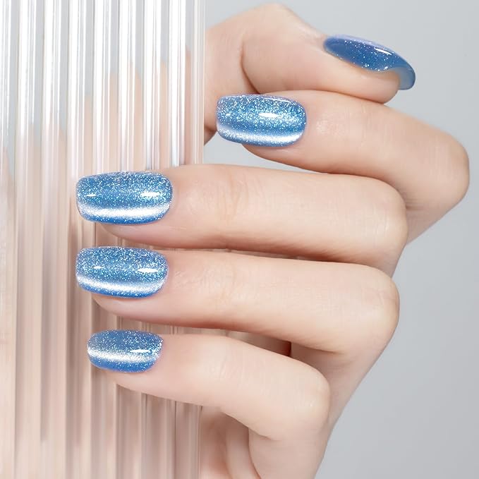 MAYCHAO 15ML Cat Eye Gel Nail Polish 1Pc Blue Glitter Gel Polish with Magnet Soak off Holographic Magnetic Nail Polish for Nail Art Manicure Salon DIY at Home, 0.5 OZ