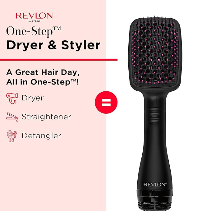 REVLON -Step Hair Dryer and Styler,All-in- Hair Brush Straightener for Salon-Quality Smooth & Straight Styles,Black,(Pack of 2)