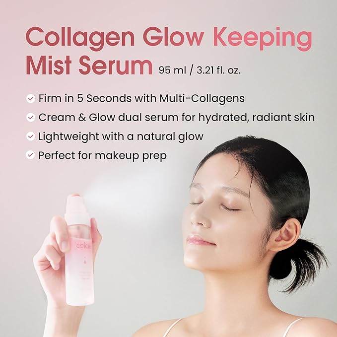 Celare Collagen Glow Mist Serum | 7 Collagens + 7 Peptides & Milk Exosomes | Ultra-Fine Firming Face Mist | Lightweight Hydration & Glow | Fragrance-Free K-Beauty | 3.38 fl. oz.