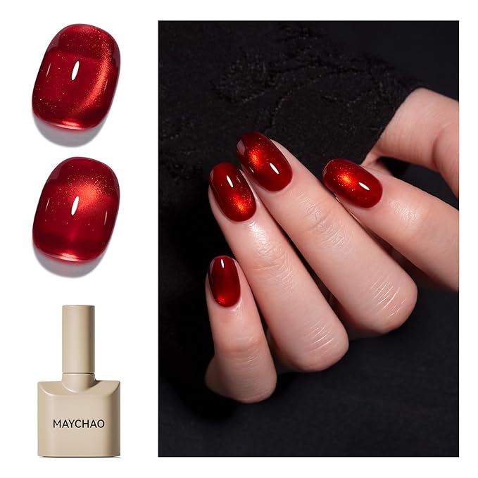 MAYCHAO 15ML Red Cat Eye Gel Nail Polish 1Pc Molten Christmas Ruby Red Glitter Cat Eye Gel Polish Soak off Holographic Magnetic Nail Polish for Nail Art Manicure Salon DIY at Home, 0.5 OZ