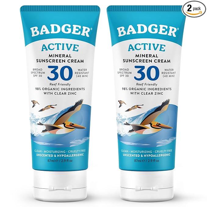 Badger Mineral Sunscreen Cream SPF 30, Zinc Oxide Sun Care, 98% Organic, Reef Safe, Water Resistant, Unscented Face and Body Sunscreen Travel Size, 2.9 fl oz, 2-Pack