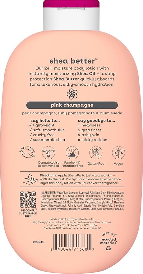 eos Shea Better Body Lotion Pink Champagne, 24-Hour Moisture Skin Care, Lightweight & Non-Greasy, Natural Shea, Vegan, 16 fl oz