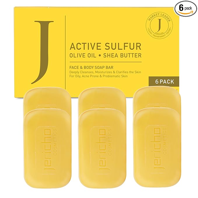 Jericho Dead Sea Sulfur Soap with Olive Oil – Helps with Acne, Psoriasis, Eczema & Blackheads – For Oily to Normal Skin – Vegan Face & Body Bar for Men & Women, 4.4 Oz / 125 g (Pack of 6)
