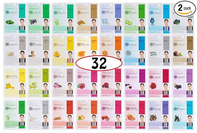 DERMAL Korean Collagen Face Mask 32 Combo Pack A+B Set – Hydrating & Soothing Sheet Mask with Panthenol, Hypoallergenic Calming Moisture Care for All Skin Types