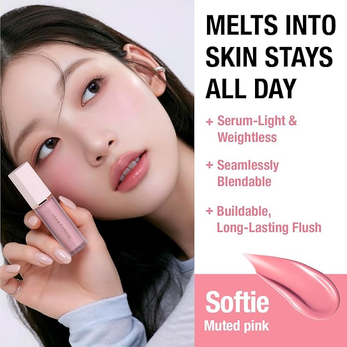 DEAR DAHLIA Petal Drop Liquid Blush (Softie) - Natural Dewy Glow Serum Blush, Buildable & Blendable, Sheer Watercolor Finish, Vegan Korean Makeup for Cheeks, 0.14 oz