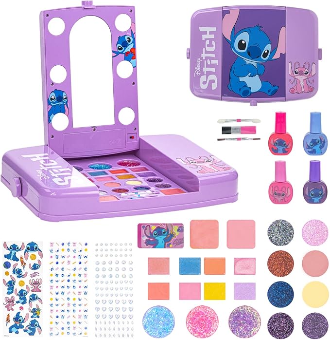 Disney Stitch Beauty Vanity Set with Light-Up Mirror, Includes Lip Gloss, Eyeshadow, Blush, Brushes, Nail Polish, Accessories, Batteries Not Included, Ages 13+, for Gift-Giving, by Townley Girl