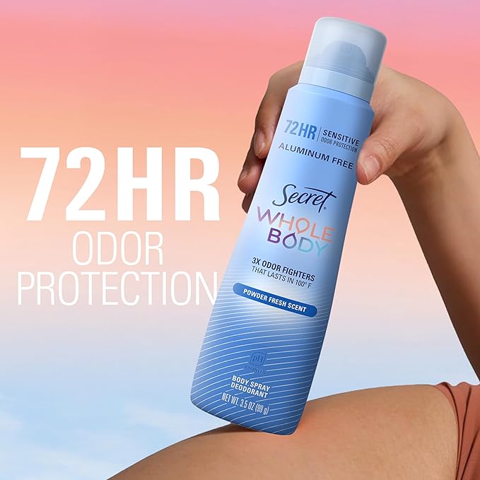 Secret Aluminum Free Whole Body Deodorant Spray for Women, 72hr Sensitive Freshness & Odor Defense, PH Balanced, Invisible Protection, Safe to Use Everywhere, Powder Fresh Scent, 3.5 oz