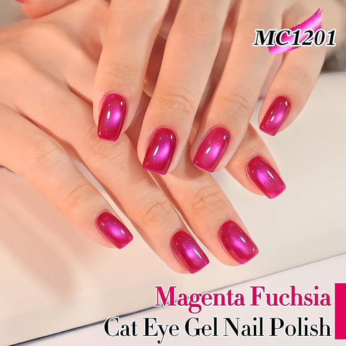 Double Rhythm 15ML Jelly Glass Cat Eye Gel Polish with Magnet Holographic Glitter Shimmer Translucent Sheer Color Salon Soak Off Magnetic Nail at Home (Magenta-MC1201)