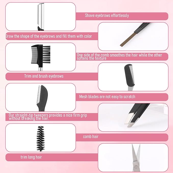 Eyebrow Shaping Grooming Kit Eyebrow Trimming Kit with Razor Eyebrows Scissors Eyebrows Brush for Women & Men (Black, 8Pcs/Set)