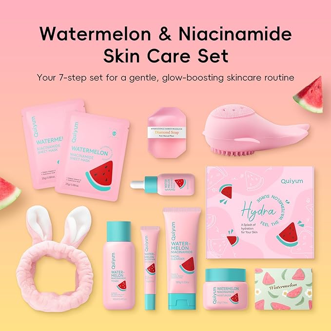 QUIYUM Watermelon Skin Care Kit for Teens Girl, 8 Daily Routine Beauty Skincare- Gift Set with Cleanser, Toner, Eye Cream, Moisturizer, Serum, Facial Mask, Soap, Hydrate, Oil Control, Glow, Smooth