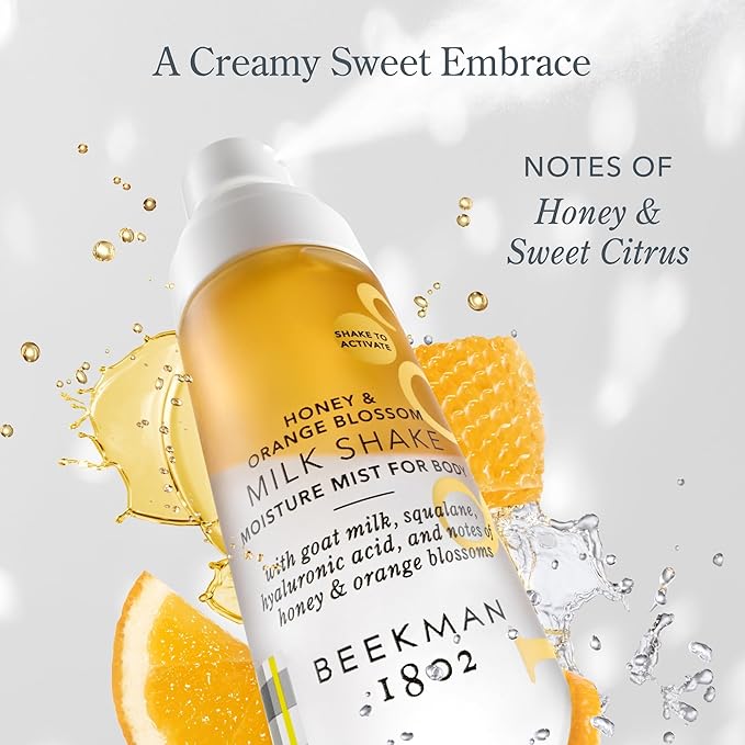 Beekman 1802 Milk Shake Hydrating Body Mist – Alcohol-Free Moisture with Goat Milk, Hyaluronic Acid & Squalane, Lightweight Skin Softening Spray for Sensitive Skin – Honey & Orange Blossom, 2 Fl Oz