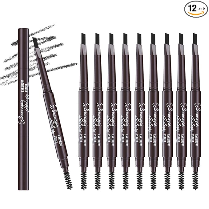 12pcs Black Waterproof Eye Brow Pencils for Women, Retractable Dual-End Eyebrow Pencil with Brush, Triangular Tip Design, Easier to Define and Fill in Eyebrows for Natural Brow Shape
