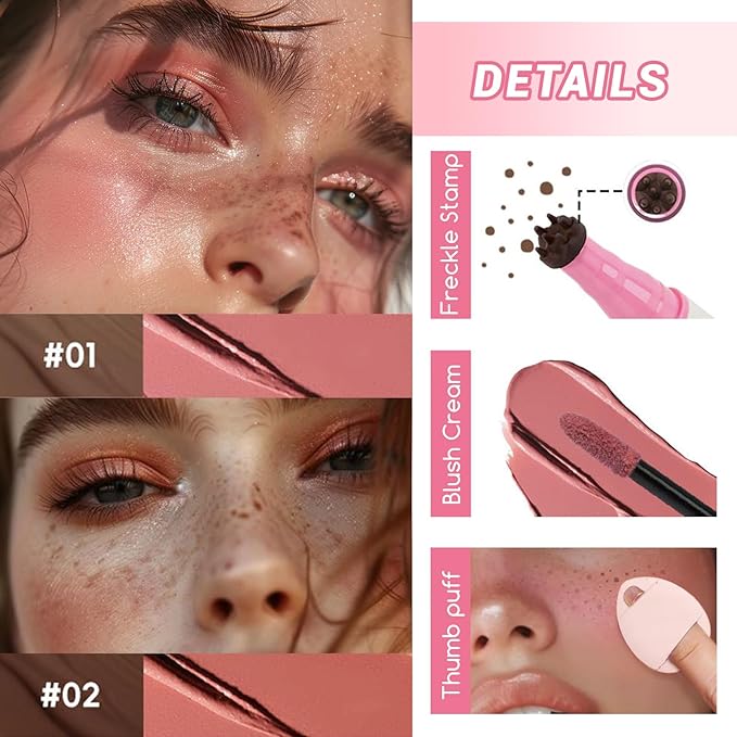 2-in-1 Freckle Pen & Liquid Blush，Waterproof Fake Faux Freckle Stamp, Henna Face Tattoo Stain, Natural Sunkissed Makeup Kit with Dual Shades (#01+ #02, M)