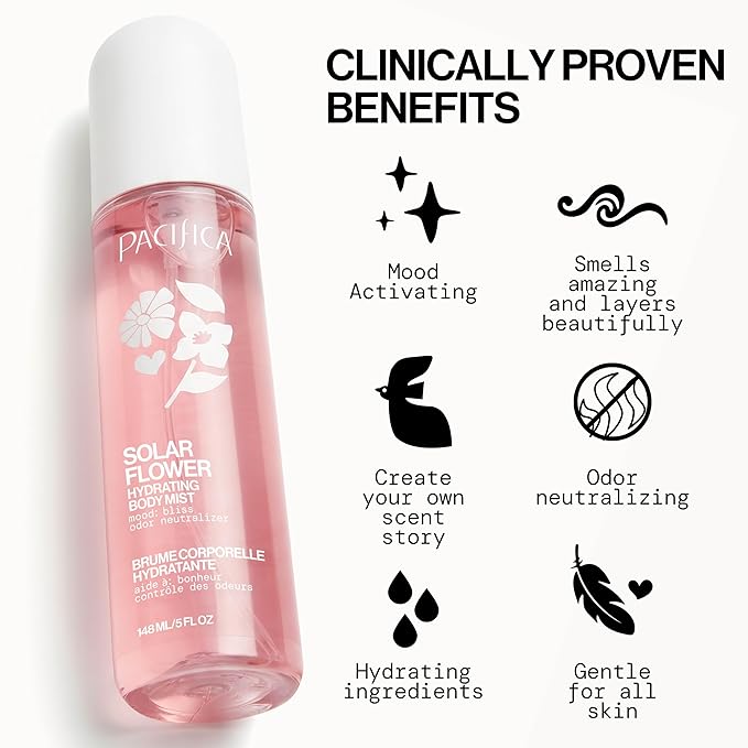 Pacifica Solar Flower Body Mist for Women, Floral Fragrance Spray with Jasmine Bergamot Vanilla, Odor Neutralizing Skin Hydrating Mood Activating, Vegan Clean, 5 Fl Oz