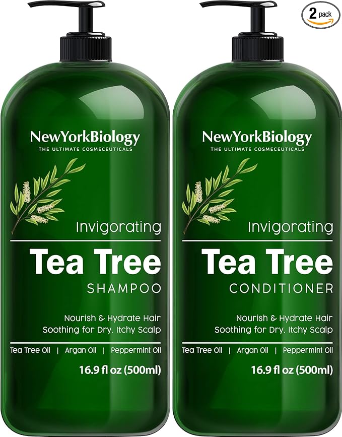 New York Biology Tea Tree Shampoo and Conditioner Set - Deep Cleanser - Relief for Dandruff and Dry Itchy Scalp - Therapeutic Grade - Helps Promote Hair Growth - 16.9 Fl Oz