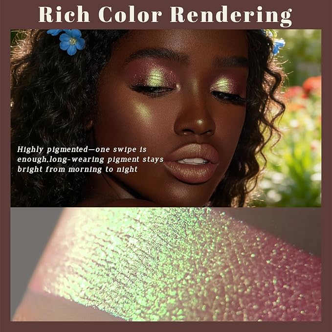 Noerrors Holographic Duochrome Gold Green Glitter Eyeshadow Palette, Chameleon Rich Color Shimmer Metallic Eye Shadow, Multichrome Color Shift Sparkle Iridescent Eye Brightener Makeup for Rave#04