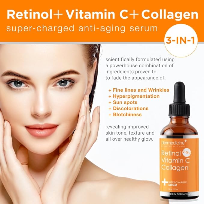 Retinol Vitamin C Collagen | Super Charged Anti-Aging Serum for Face | Pharmaceutical Grade Quality | Helps Smooth & Plump Fine Lines & Wrinkles & Brightens for Younger Skin | 1 fl oz / 30 ml